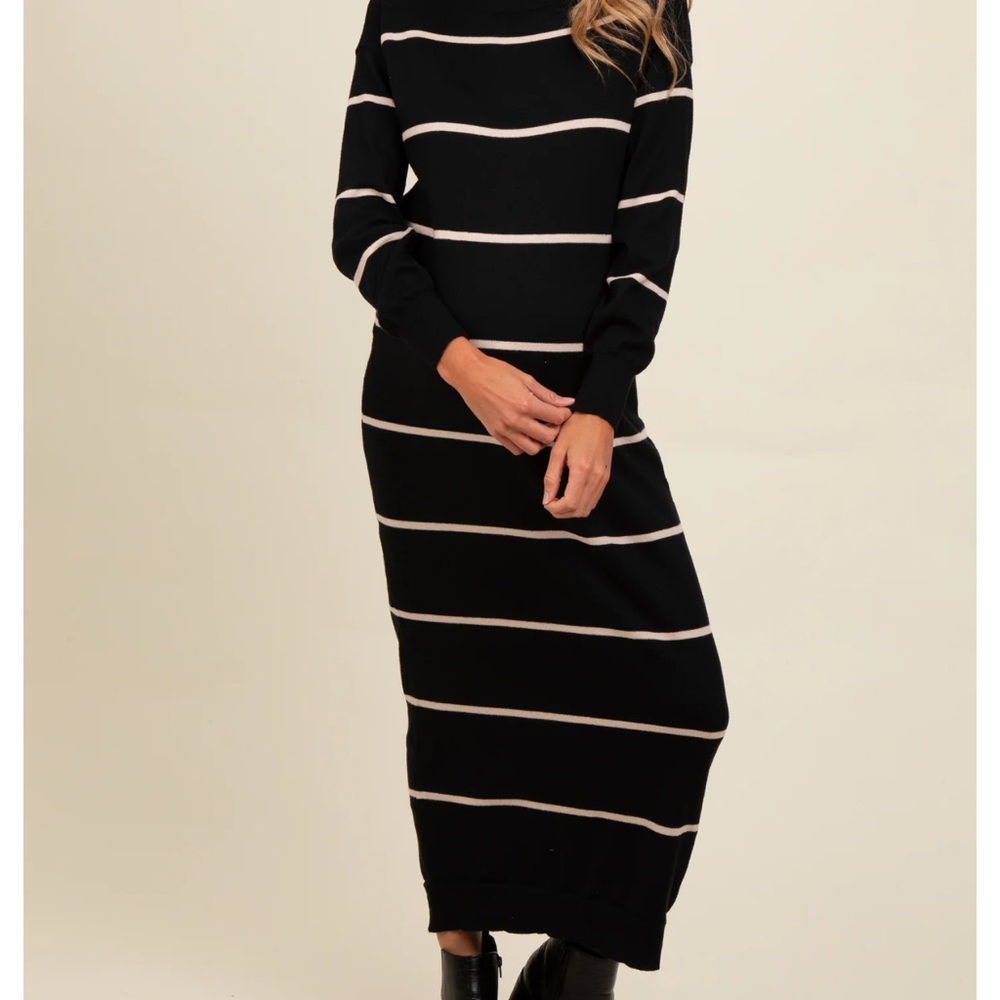 Black Striped Knit Drop Shoulder Maternity Midi Dress -PINKBLUSH